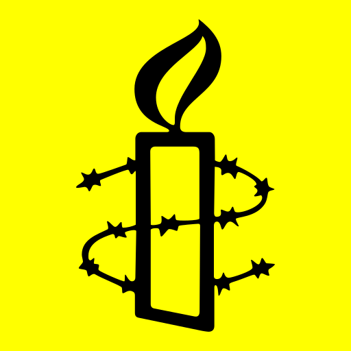 Zu sehen ist das Amnesty-Logo: Auf einem gelben Hintergrund ist der schwarze Umriss einer Kerze zu sehen. Die Kerze ist mit Stacheldraht umwickelt. Unsere Message: Amnesty Jena is back!